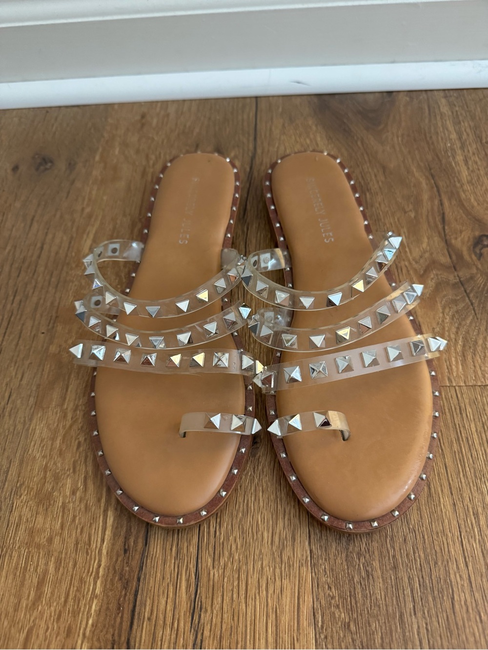 Sincerly Jules Tan Slide Sandals with Clear Studded Straps